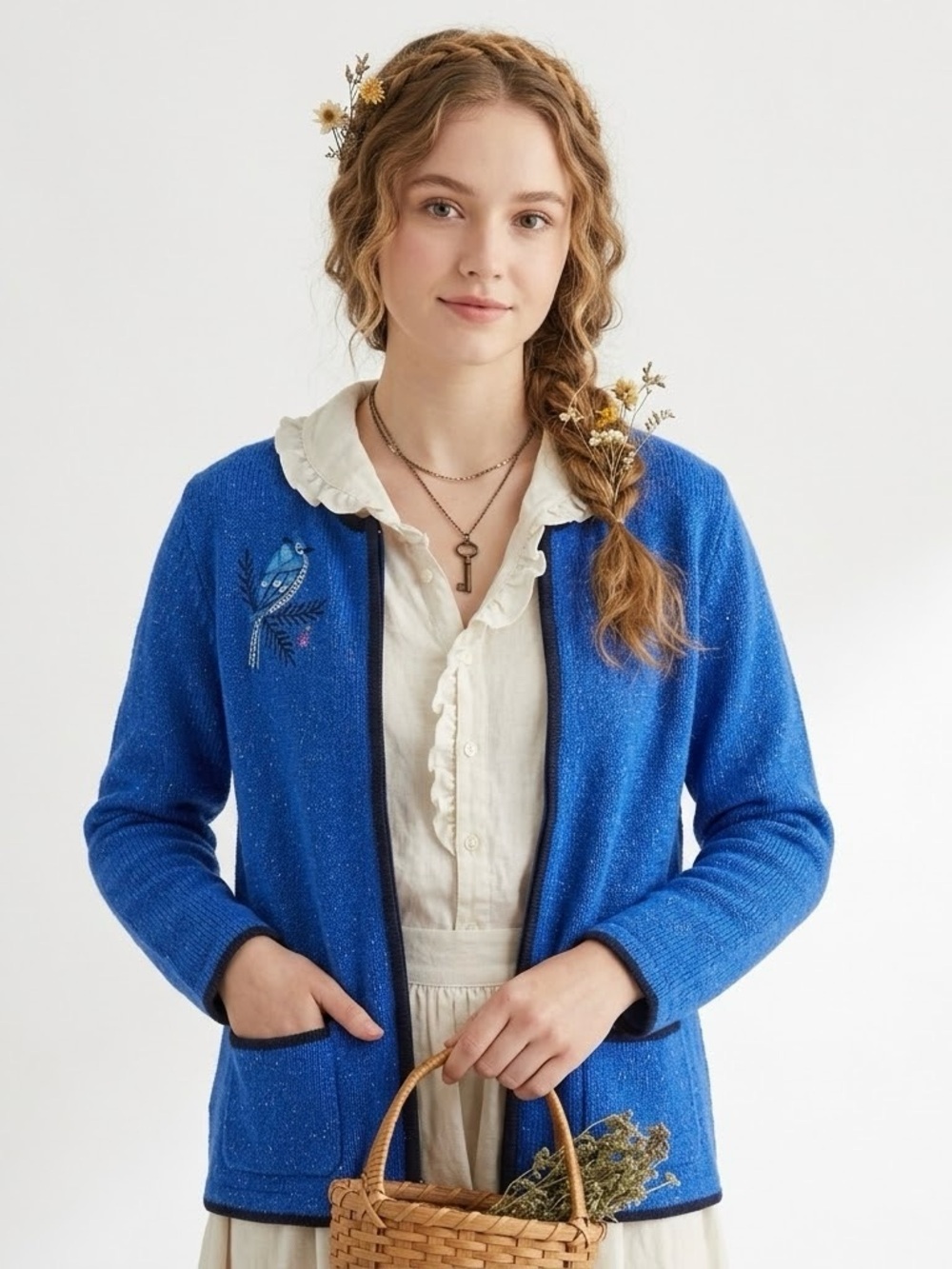 Cottagecore Blue Jay Embroidered Cardigan Shimmer Knit Twee Granny Goblincore